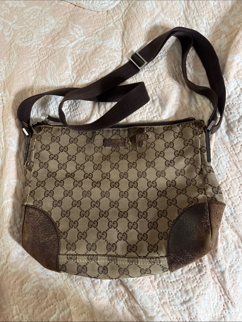 Gucci Beige Monogram Crossbody with Brown Trim